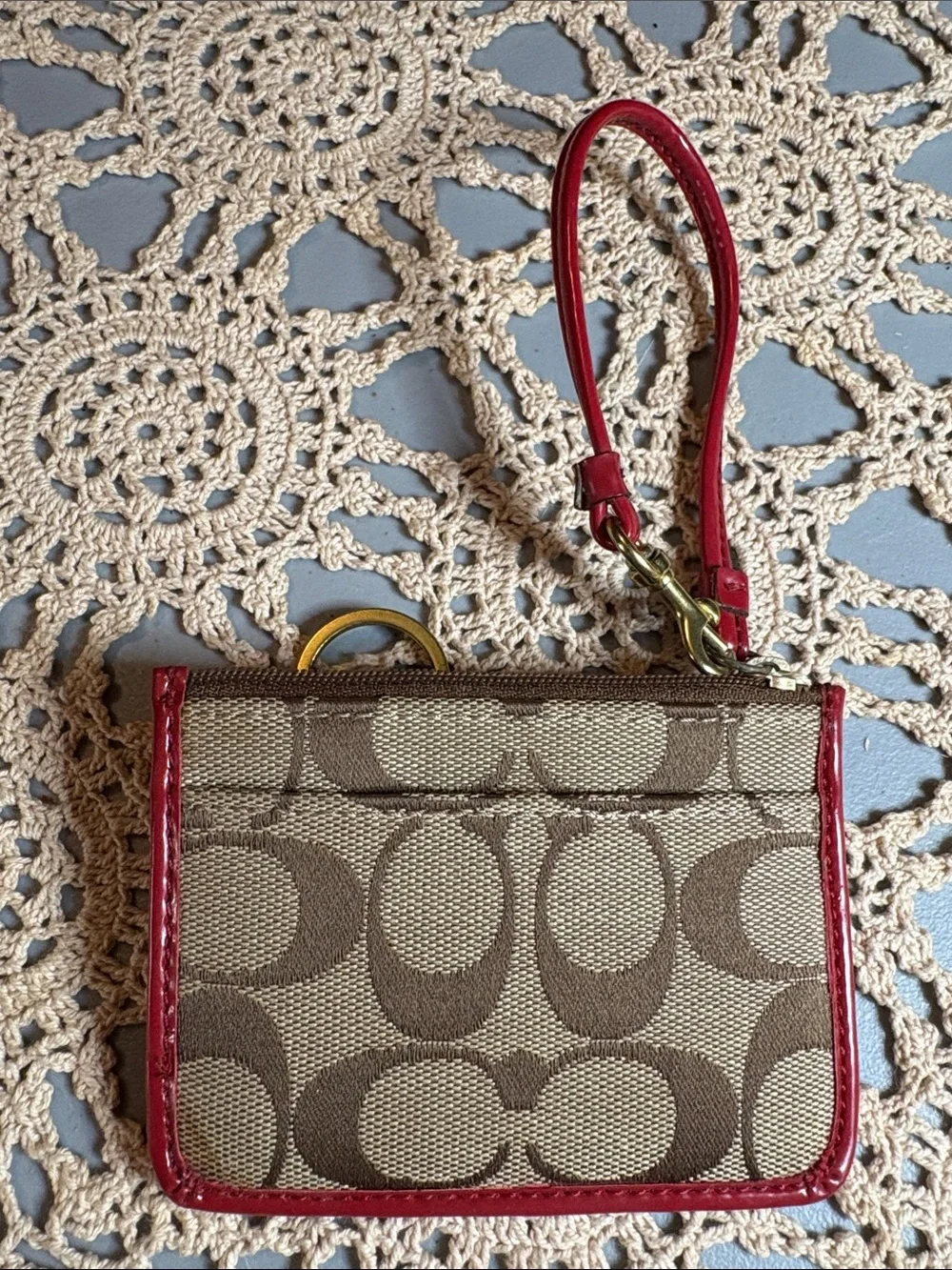 Card Tan Signature Canvas Case with Red Trim Wristlet